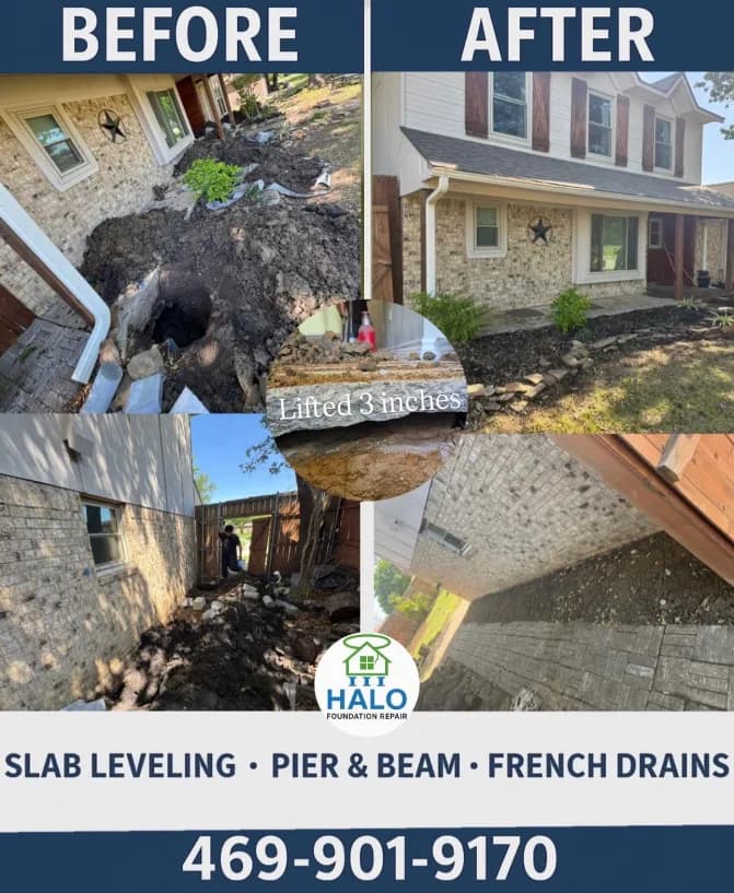 Before and after photos of a brick two story home whose foundation was lifted three inches