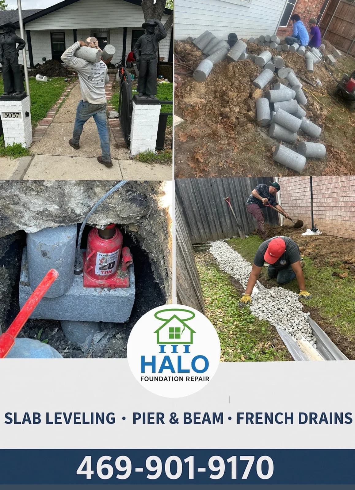 Technician operating a hydraulic jack under a slab, stacked concrete pier cylinders, and a crew placing piers along a brick house